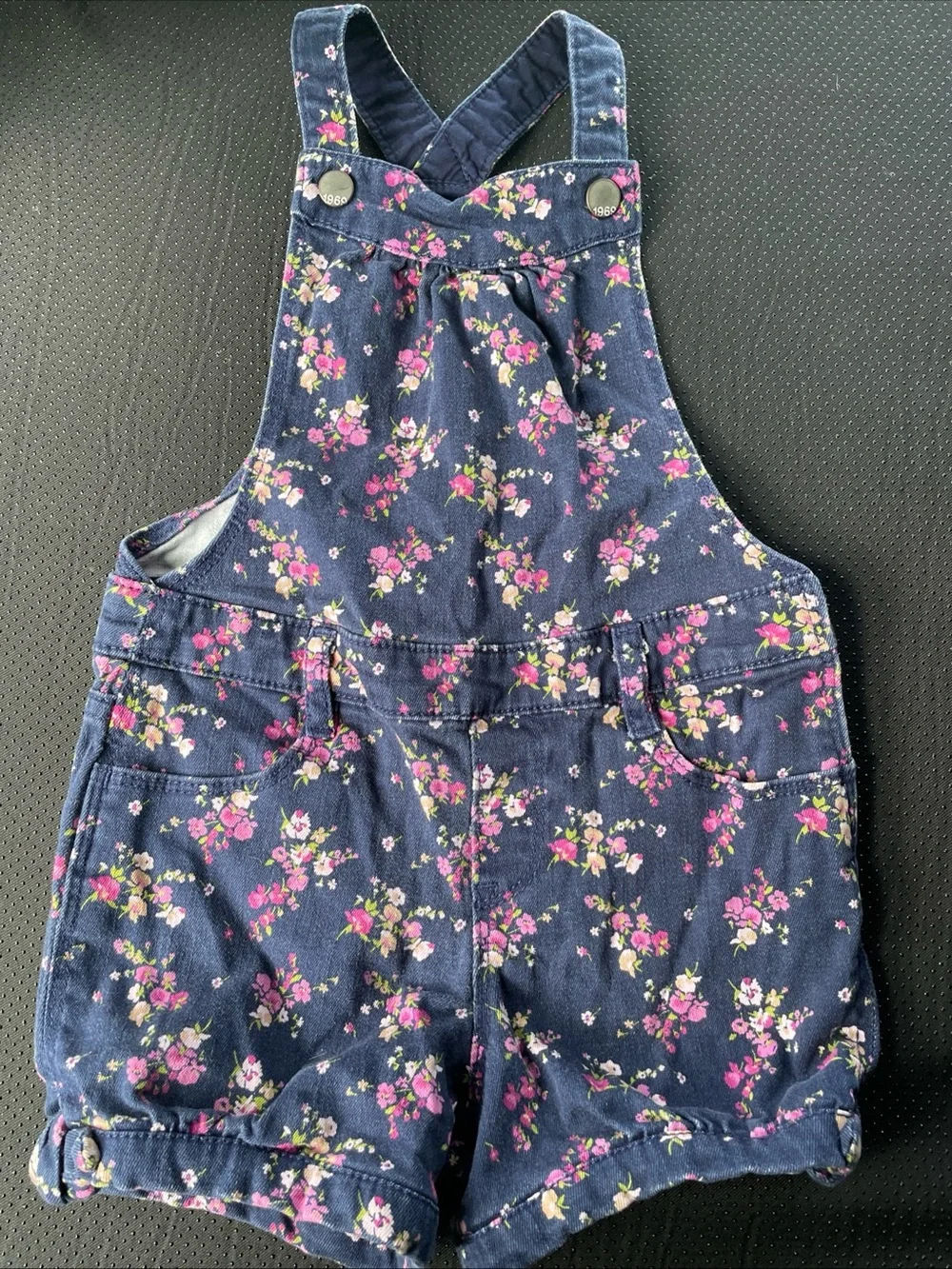 GAP Navy Floral Denim Short Overalls with Pink & Cream Flowers